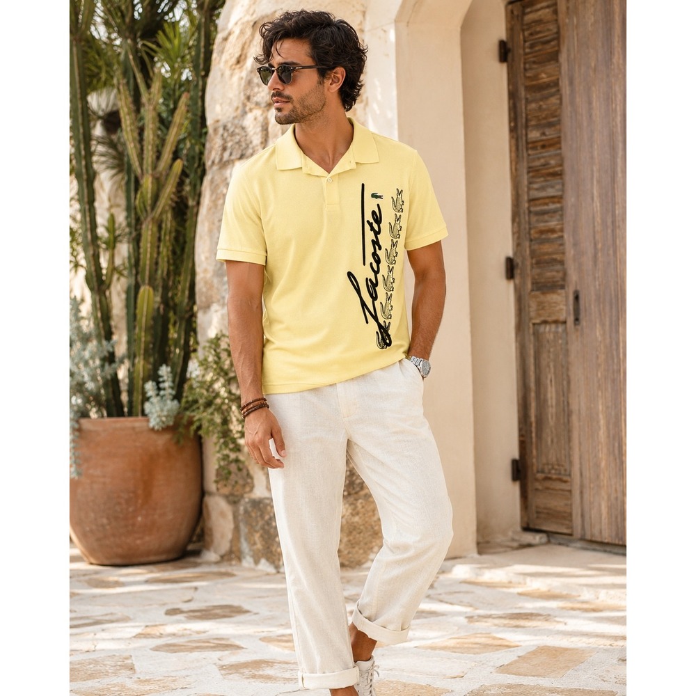 Lacoste Men's Medium Yellow Graphic Polo Shirt Cotton Preppy Tennis Quiet Luxury
